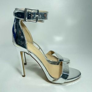 Olivia Ferguson Silver High Heels Pumps Ankle Strap Open Toe Womens Size 8
